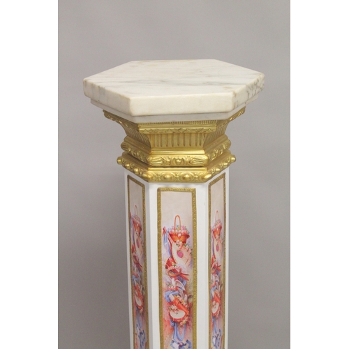 1025 - A SUPERB PAIR OF OCTAGONAL INLAID MARBLE COLUMNS with gilt metal mounts. 4ft high.