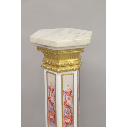 1025 - A SUPERB PAIR OF OCTAGONAL INLAID MARBLE COLUMNS with gilt metal mounts. 4ft high.