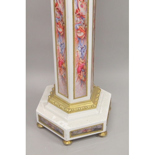 1025 - A SUPERB PAIR OF OCTAGONAL INLAID MARBLE COLUMNS with gilt metal mounts. 4ft high.