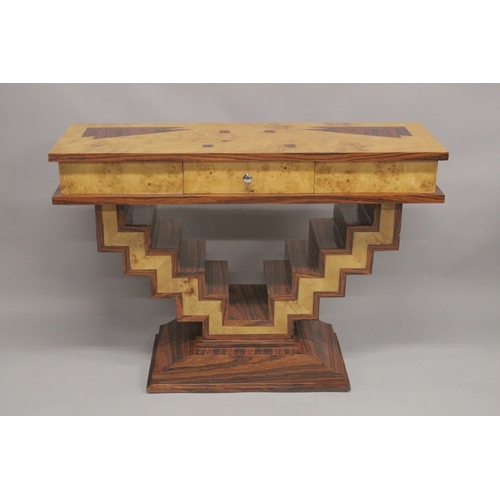 1026 - A GOOD INLAID ART DECO DESIGN SIDE TABLE with central drawer and zig zag supports. 4ft long x 1ft 4i... 