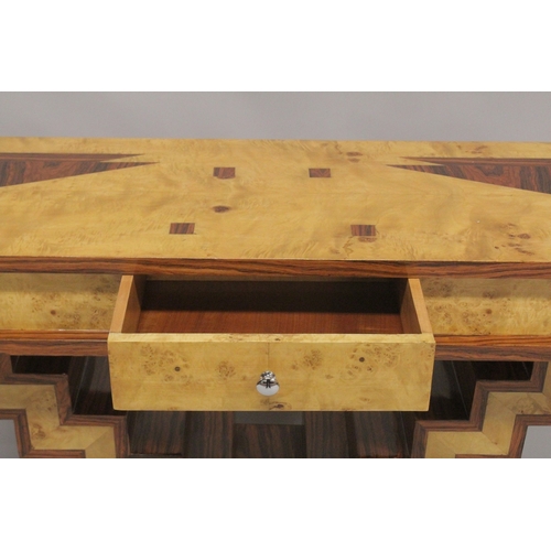 1026 - A GOOD INLAID ART DECO DESIGN SIDE TABLE with central drawer and zig zag supports. 4ft long x 1ft 4i... 