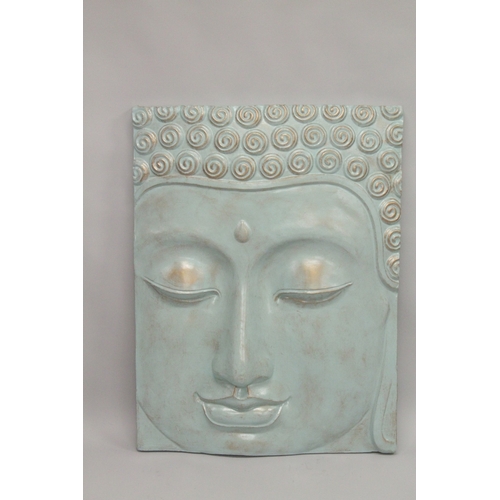 1028 - A LARGE BLUE BUDDHA PLAQUE. 3ft 9ins x 2ft 9ins.