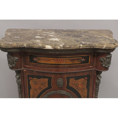 1029 - A FRENCH INLAID COMMODE with marble top and ormolu mounts. 3ft high x 2ft wide.