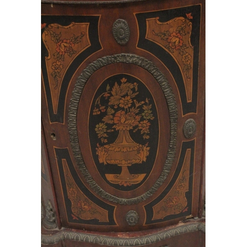 1029 - A FRENCH INLAID COMMODE with marble top and ormolu mounts. 3ft high x 2ft wide.