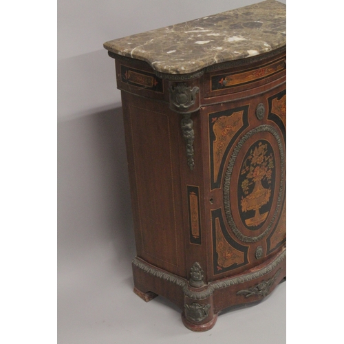 1029 - A FRENCH INLAID COMMODE with marble top and ormolu mounts. 3ft high x 2ft wide.