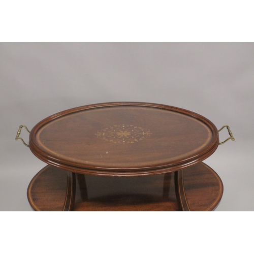 1034C - AN EDWARDIAN INLAID MAHOGANY TWO TIER TRAY TOP ETAGERE, on curving legs. 2ft 5.5ins long x 1ft 7ins ... 