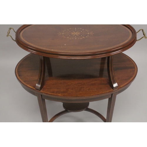 1034C - AN EDWARDIAN INLAID MAHOGANY TWO TIER TRAY TOP ETAGERE, on curving legs. 2ft 5.5ins long x 1ft 7ins ... 