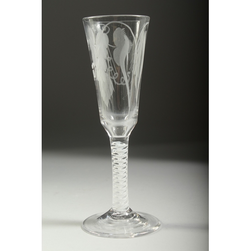 1038 - A GEORGIAN WINE GLASS with white air twist stem, long flute engraved with hops. 7ins high.