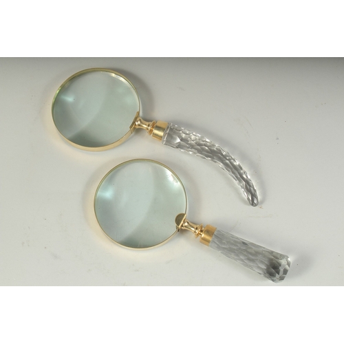 1638 - TWO MAGNIFYING GLASSES with cut glass handles.