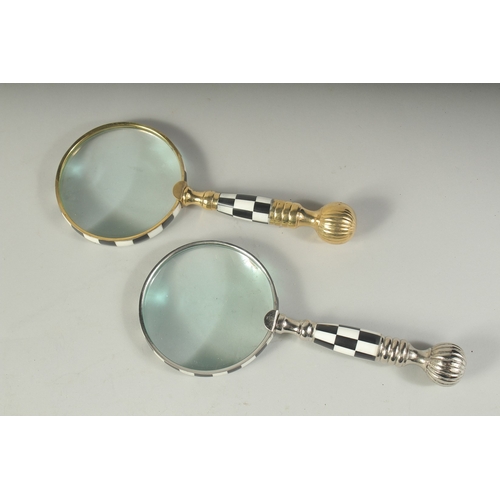 1639 - TWO MAGNIFYING GLASSES with chequered and metal handles.