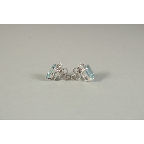 1778 - A PAIR OF 18CT WHITE GOLD, DIAMOND AND AQUAMARINE EAR STUDS.