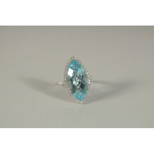 1782 - A GOOD 18CT WHITE GOLD, DIAMOND AND BLUE TOPAZ MARQUISE CUT RING.