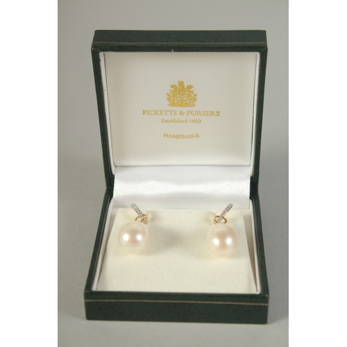 1783 - A PAIR OF 18CT YELLOW GOLD, DIAMOND AND PEARL EARRINGS.