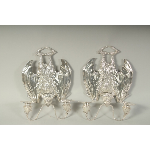 1801 - A GOOD PAIR OF SILVER PLATED BAT WALL SCONCES.