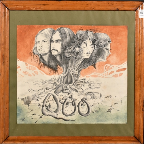 102 - English School, Circa 1974, 'Quo', a design for the album cover showing the members of the band Stat... 