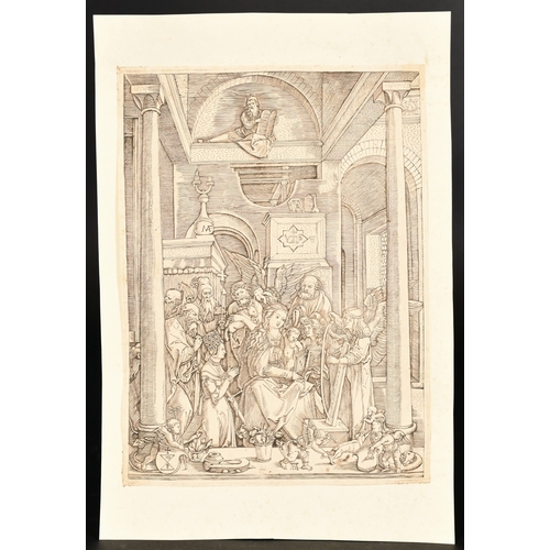 11 - After Albrecht Durer, 'Adoration of the Virgin', engraving (probably the copy by Marcantonio Raimond... 