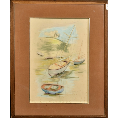 115 - Phyllis Bray (1911-1991), boats moored in an estuary near Faversham, watercolour, pencil and crayon,... 