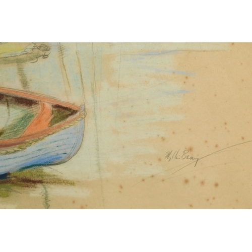 115 - Phyllis Bray (1911-1991), boats moored in an estuary near Faversham, watercolour, pencil and crayon,... 