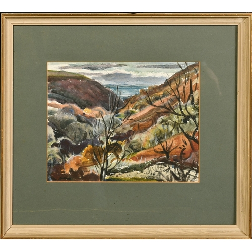 116 - Attributed to Rowland Suddaby (1912-1972), a valley view, watercolour and gouache, indistinctly sign... 