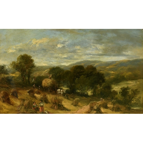 132 - Attributed to Edwin Meadows (late 19th Century), 'Harvesting in Wharfedale', oil on panel, inscripti... 