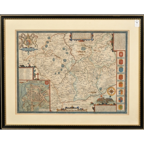 37 - John Speed, a 17th Century hand coloured map, 'Leicester both county and citie described, the honour... 