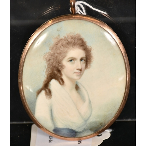 44 - English School, Circa 1770, a miniature portrait of a lady, watercolour and bodycolour on ivory, wit... 