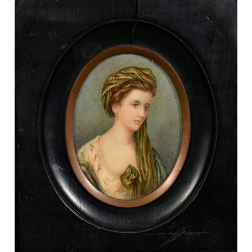 55 - Late 19th Century, a miniature portrait of Anne de Ligonde, watercolour on ivory, signed with initia... 