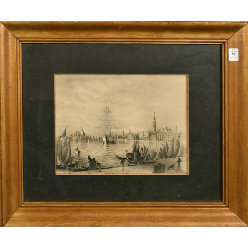 59 - Morgan, Late 19th Century, figures loading boats on a Venetian quay, ink drawing, signed, 9.75