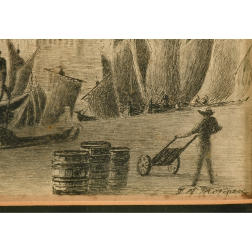 59 - Morgan, Late 19th Century, figures loading boats on a Venetian quay, ink drawing, signed, 9.75