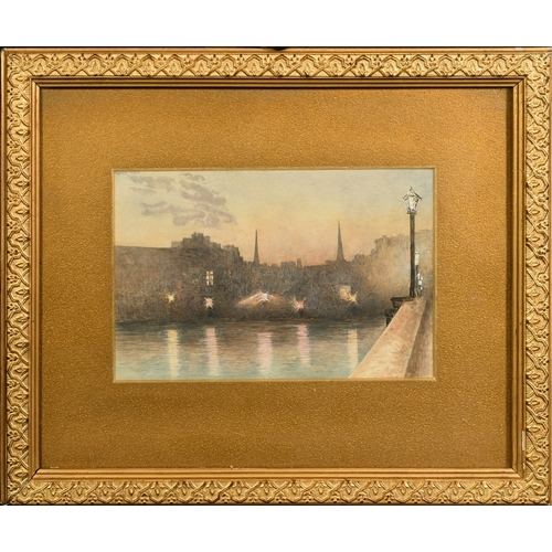 64 - Circle of George Hyde Pownall, bridge over a city river at night, watercolour, 5.25