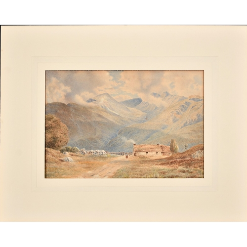 72 - Circle of Alfred William Hunt, figure outside a cottage in a mountain valley, 7.5