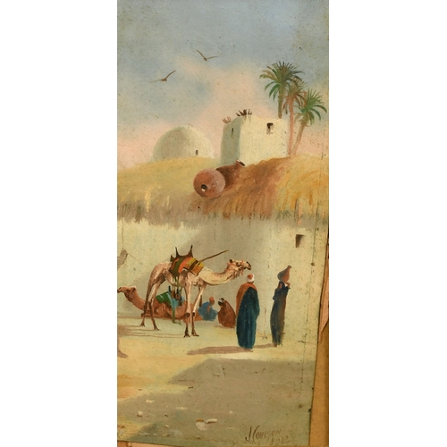 75 - John Coulson (19/20th Century), a pair of oil on board scenes of figures and camels in a North Afric... 