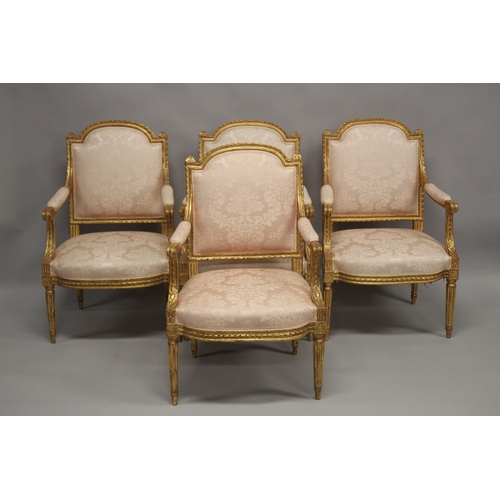 1003 - A VERY GOOD SET OF FOUR 19TH CENTURY LOUIS XVITH DESIGN FAUTEUIL with satin backs, arms and seats, a... 