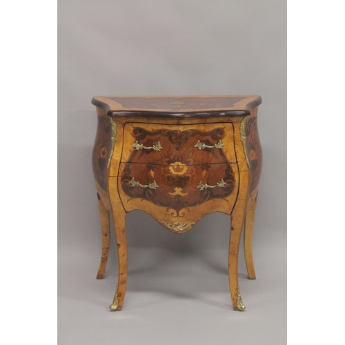 1006 - A LOUIS XVITH DESIGN INLAID BOMBE CHEST with two drawers, on curving legs.