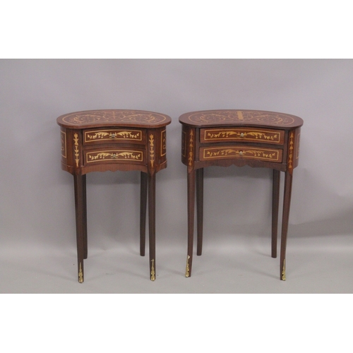 1013 - A NEAR PAIR OF LOUIS XVI DESIGN INLAID KIDNEY SHAPED BEDSIDE TABLES. 2ft 6ins high x 1ft 10ins wide.... 