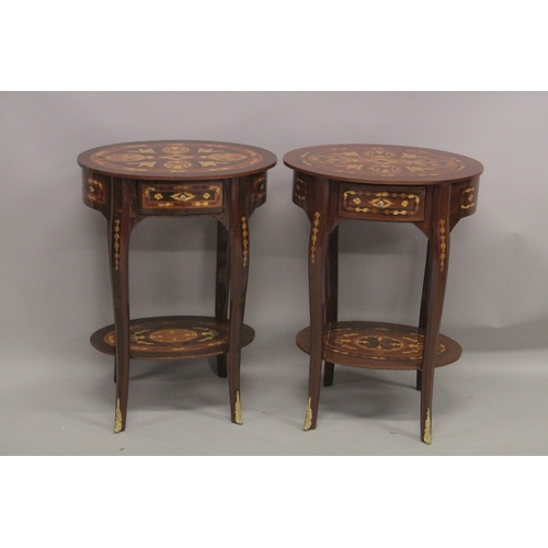 1014 - A PAIR OF LOUIS XVI DESIGN OVAL BEDSIDE TABLES. 2ft 5ins high x 1ft 9ins wide.