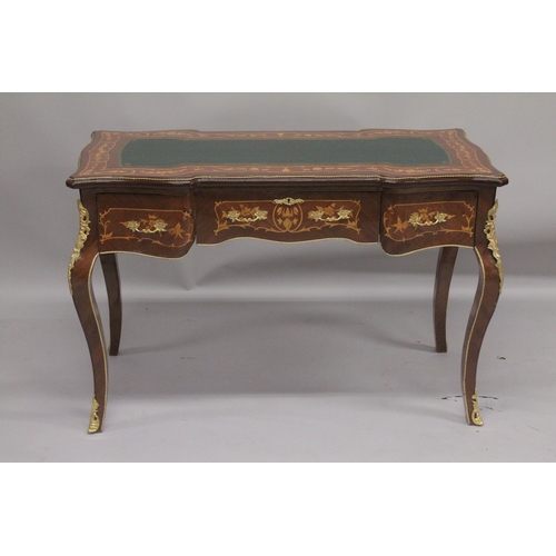 1024 - A LOUIS XVI STYLE MAHOGANY INLAID BUREAU PLAT with inset leather top, three frieze drawers and suppo... 