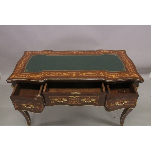 1024 - A LOUIS XVI STYLE MAHOGANY INLAID BUREAU PLAT with inset leather top, three frieze drawers and suppo... 