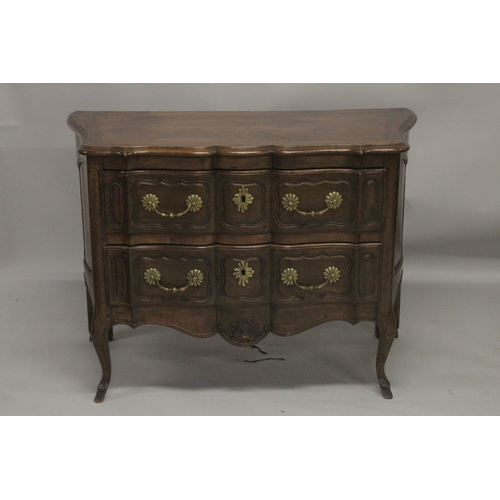 1035 - A GOOD 19TH CENTURY ITALIAN TWO DRAWER COMMODE of serpentine outline, heavy brass handles and escutc... 