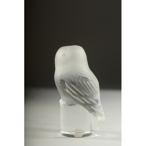 1054 - A LALIQUE GLASS OWL. Etched Lalique France. 3.5ins high.