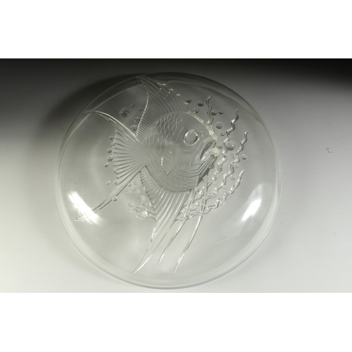 1059 - A GOOD LARGE ART DECO GLASS CIRCULAR DISH with a large angel fish in relief. 12ins diameter.