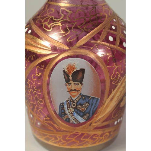 1060 - A GOOD RUSSIAN RUBY GLASS DECANTER AND STOPPER with gilt decoration and and oval portrait of a Russi... 