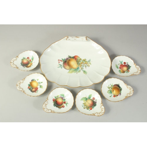 1066 - A LARGE MEISSEN SHELL DISH decorated with fruit, 31cms x 24.5cm and SIX SCALLOPED SHAPE DISHES decor... 