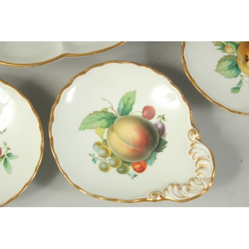 1066 - A LARGE MEISSEN SHELL DISH decorated with fruit, 31cms x 24.5cm and SIX SCALLOPED SHAPE DISHES decor... 