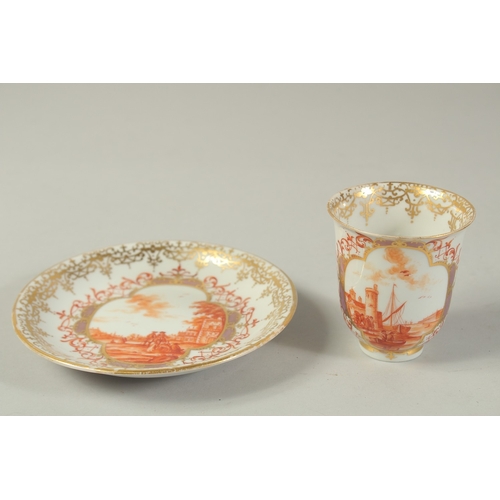 1072 - A GOOD BEAKER AND SAUCER, well painted with iron-red monochromes scenes of figures in a European lan... 