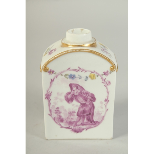 1074 - A TEA CADDY with two central cartouches painted in puce depicting figures from teh Commedia dell' Ar... 