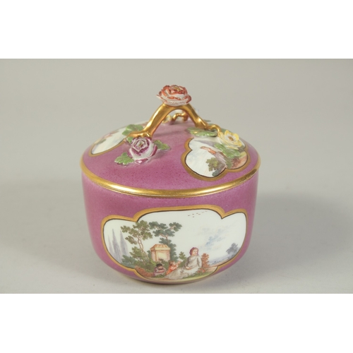 1075 - A MEISSEN PUCE GROUND SUGAR BOX the four cartouches painted in scenes of figures in a landscape, the... 