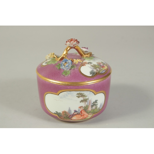 1075 - A MEISSEN PUCE GROUND SUGAR BOX the four cartouches painted in scenes of figures in a landscape, the... 