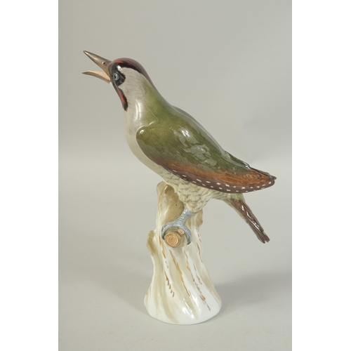 1077 - A MEISSEN GREEN WOODPECKER first modelled by Joachim Kaendler.  Circa. 1880. 26.5cm tall.  Cross swo... 