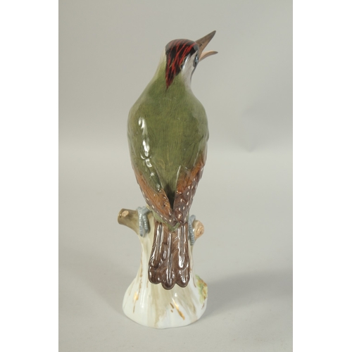 1077 - A MEISSEN GREEN WOODPECKER first modelled by Joachim Kaendler.  Circa. 1880. 26.5cm tall.  Cross swo... 